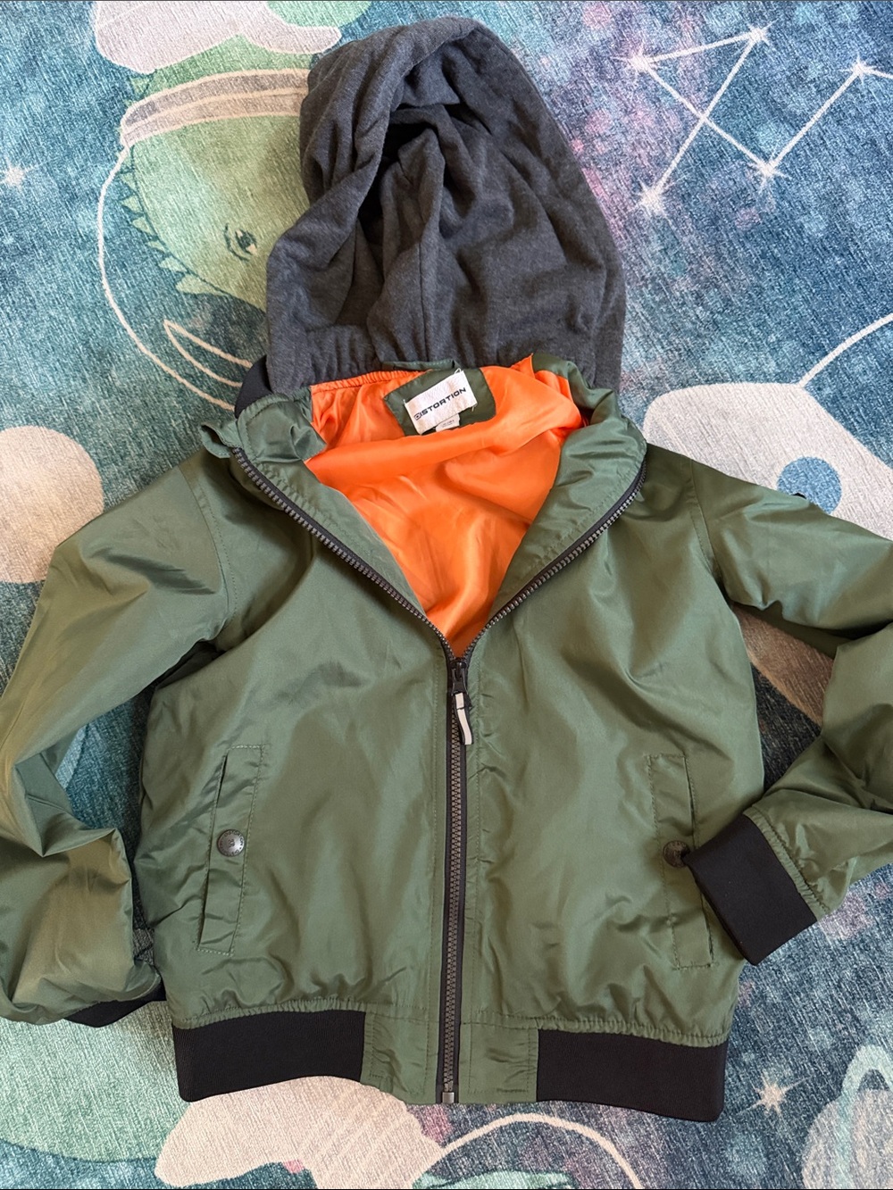 Never worn! Kids Olive Green Hooded Bomber style Jacket w/ Orange & Pockets